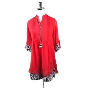 Boho Tunic Top Orange Red Floral Cuffs Hem Pintuck Lagenlook Blouse